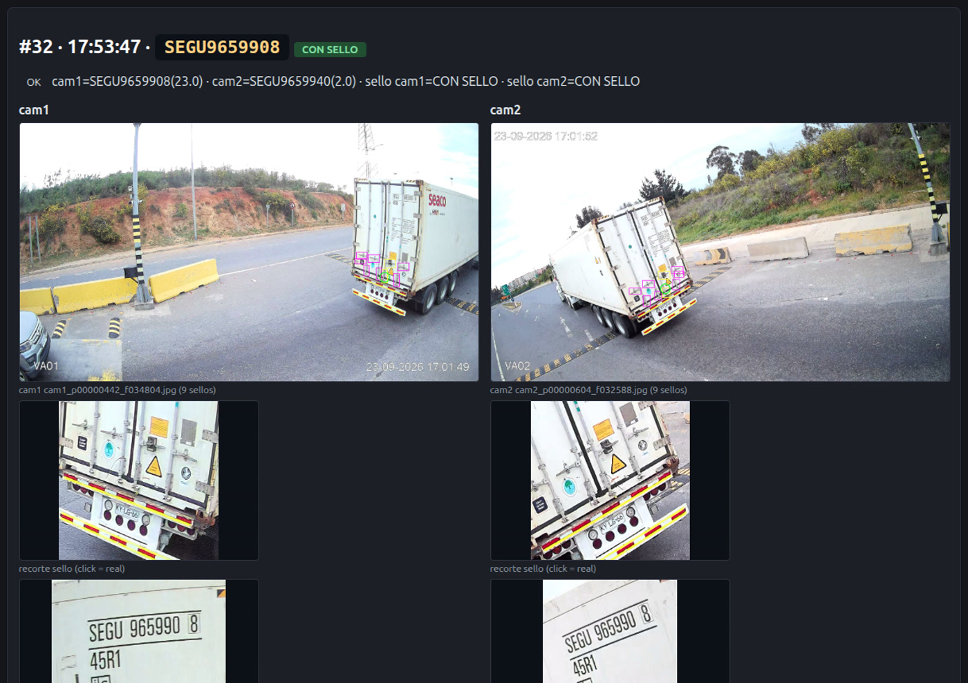 Detección de contenedor y sello: número SEGU9659908 identificado con verificación de sello